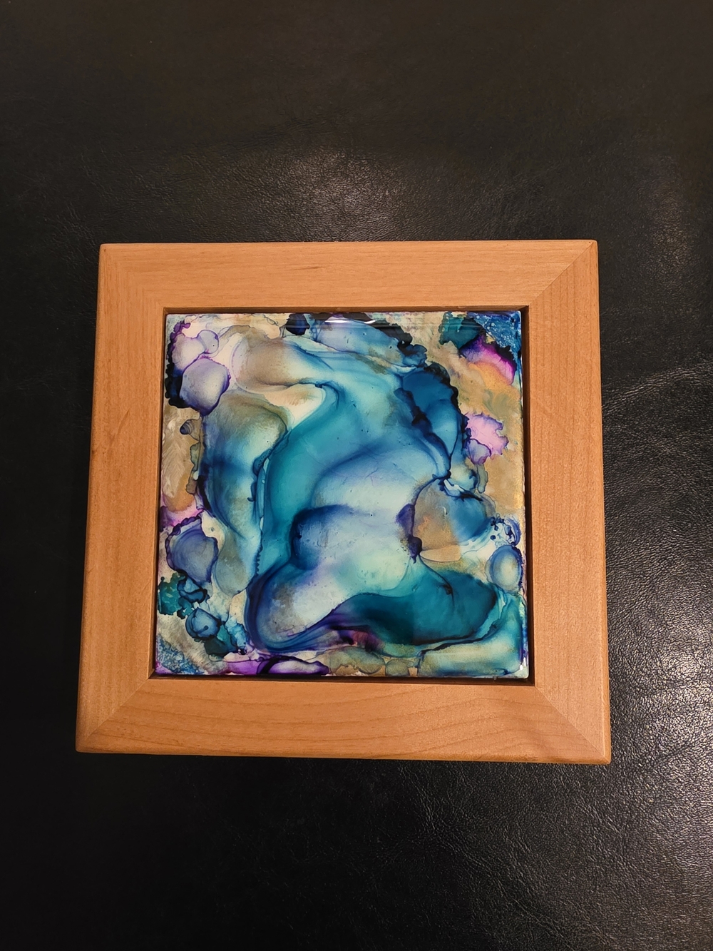 🔥Abstract Blue Turquoise Alcohol Ink Wall Tile Art - Framed